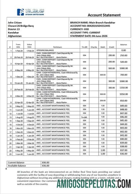 Extrato de conta bancária unida do Afeganistão para impressão, modelo Word e PDF